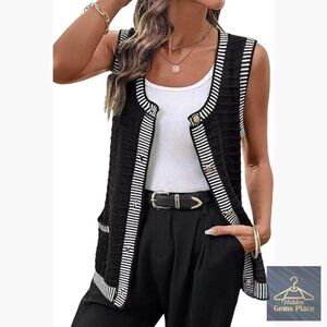 Sleeveless Cardigan Sweater with Pockets, Button Down, Acrylic Blend